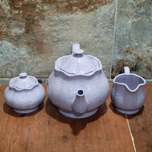 Temptations Lavendar Lilac Tea Set Teapot Sugar Bowl Creamer Embossed Butterfly - Picture 3 of 15